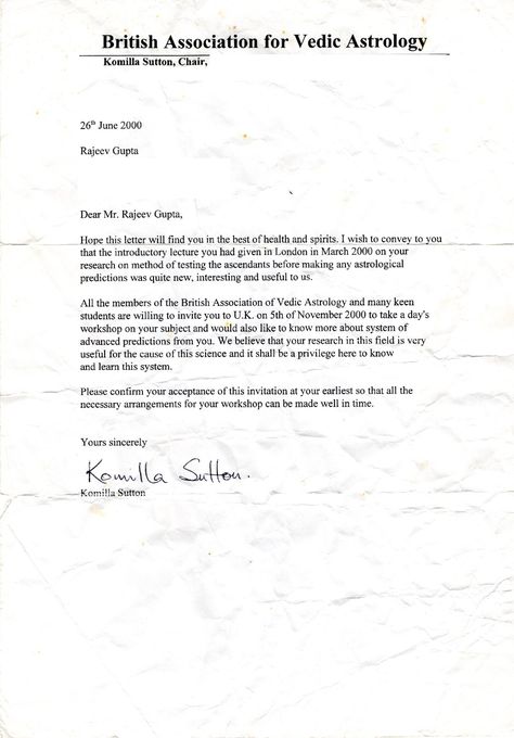 Invitation from Komilla Sutton, Chair of the British Association for Vedic Astrology, June 2000