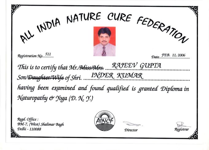 Diploma in Naturopathy and Yoga, All India Nature Cure Federation, 2006