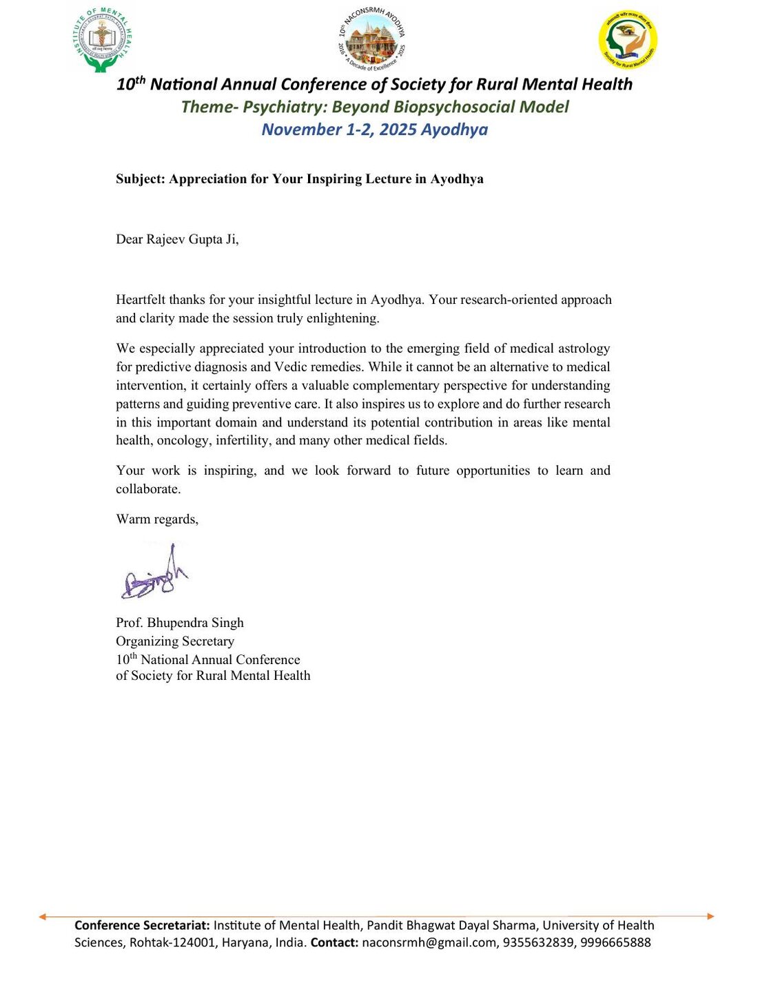 Letter of appreciation from the Society for Rural Mental Health